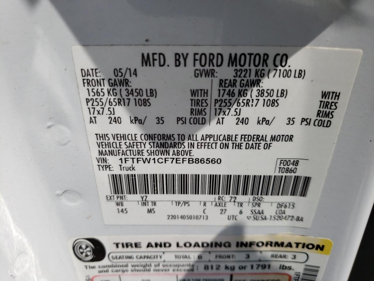 Photo 10 from auction – 2014 FORD F150 SUPER with VIN 1FTFW1CF7EFB86560