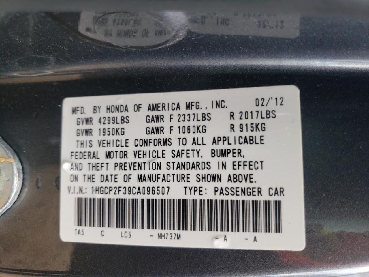Photo 10 from auction – 2012 HONDA ACCORD LX with VIN 1HGCP2F39CA096507
