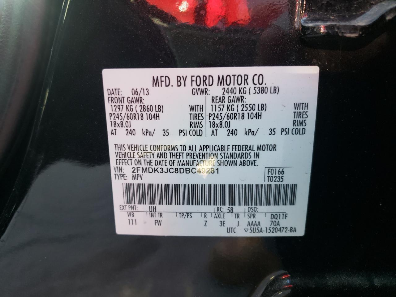 Photo 10 from auction – 2013 FORD EDGE SEL with VIN 2FMDK3JC8DBC49281