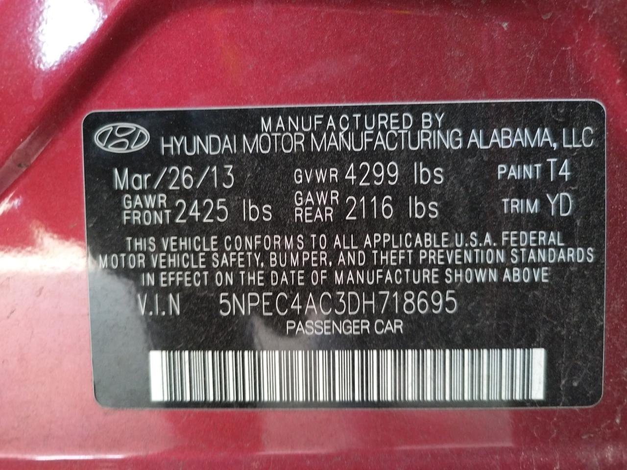 Photo 10 from auction – 2013 HYUNDAI SONATA SE with VIN 5NPEC4AC3DH718695
