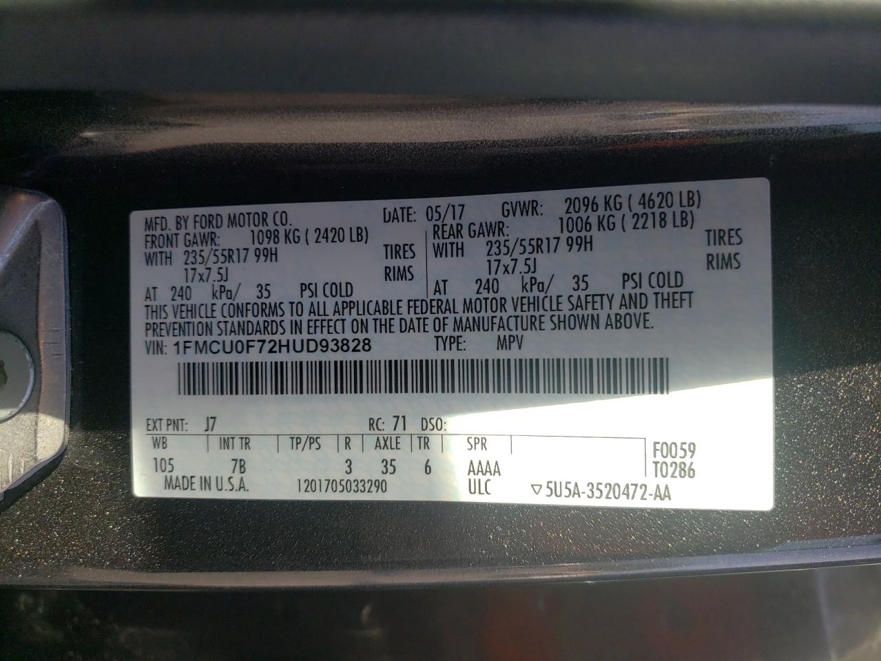 Photo 10 from auction – 2017 FORD ESCAPE S with VIN 1FMCU0F72HUD93828