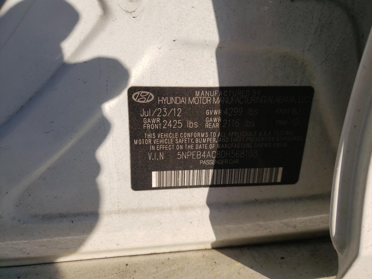 Photo 20 from auction – 2013 HYUNDAI SONATA GLS with VIN 5NPEB4AC8DH568103