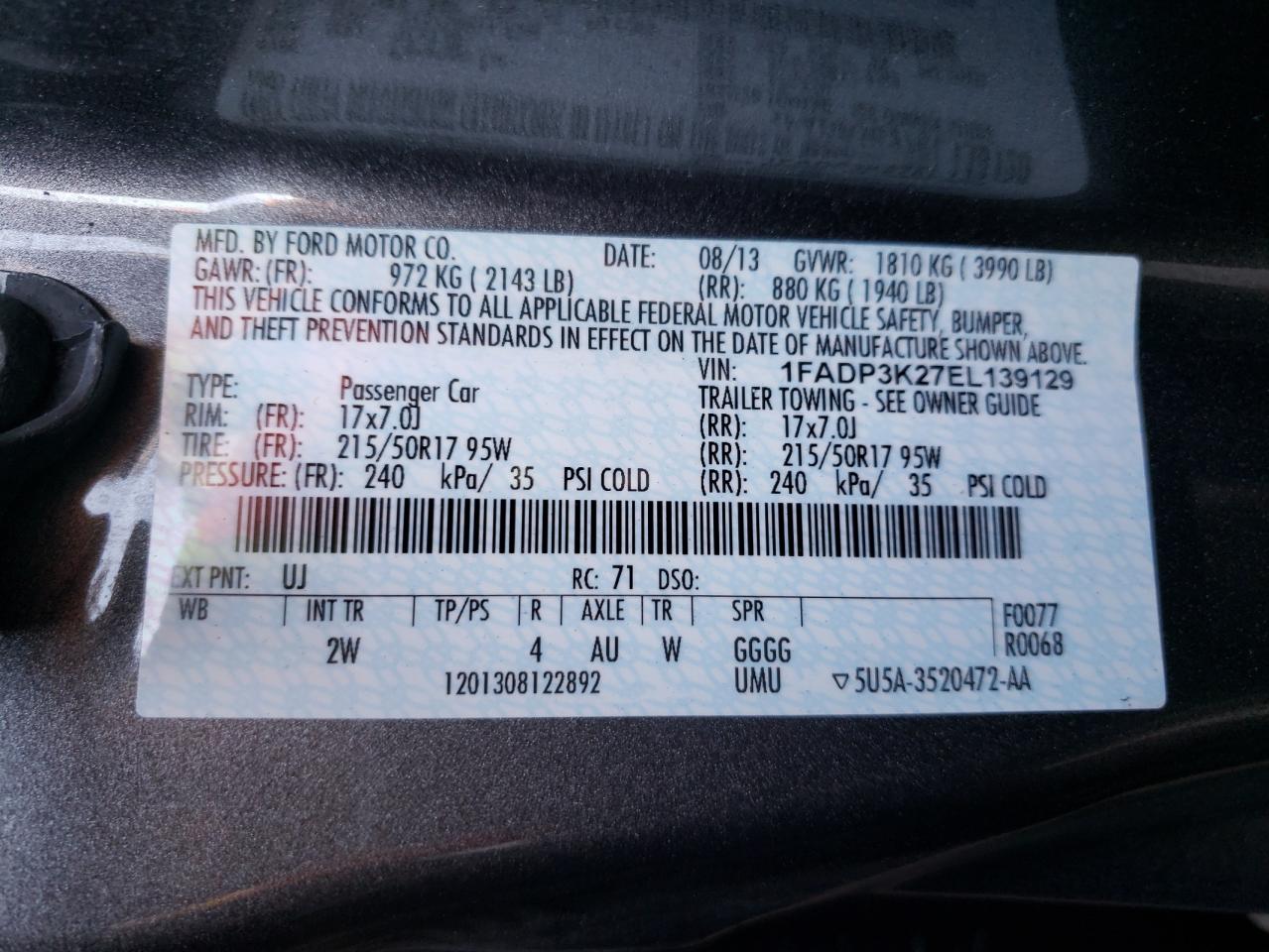 Zdjęcie 10 z aukcji – 2014 FORD FOCUS SE z VIN 1FADP3K27EL139129