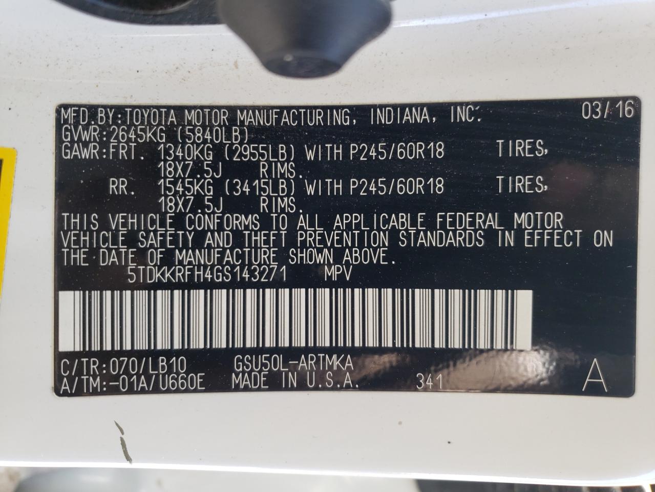 Photo 10 from auction – 2016 TOYOTA HIGHLANDER with VIN 5TDKKRFH4GS143271