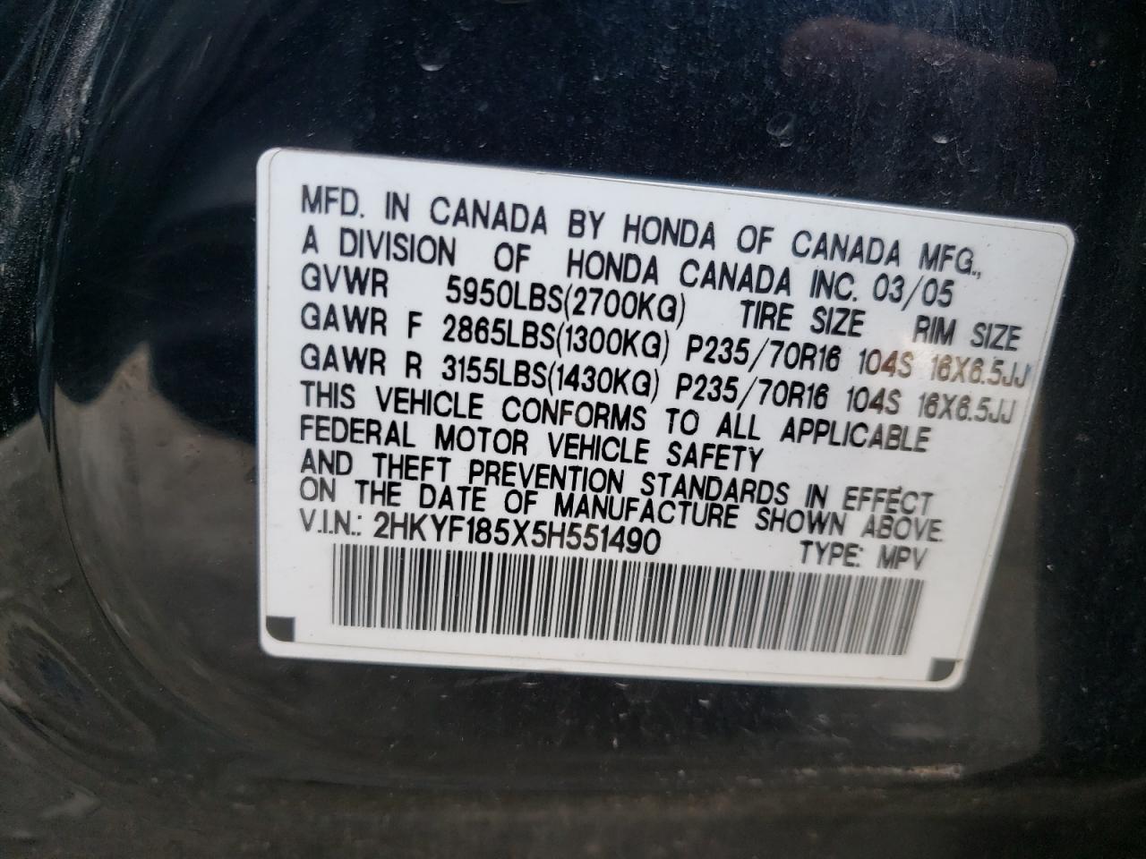 Photo 10 from auction – 2005 HONDA PILOT EXL with VIN 2HKYF185X5H551490