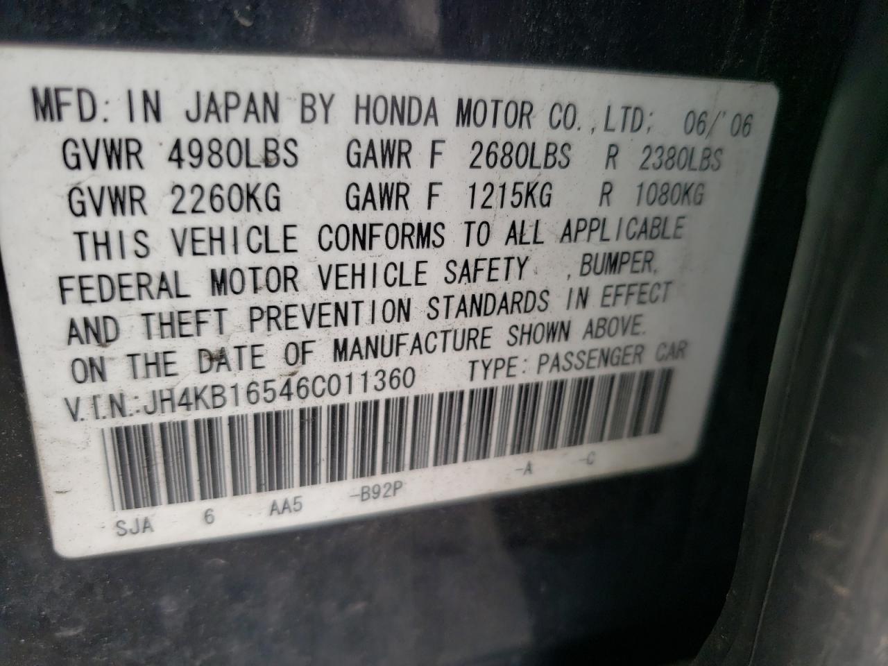 Photo 10 from auction – 2006 ACURA RL with VIN JH4KB16546C011360