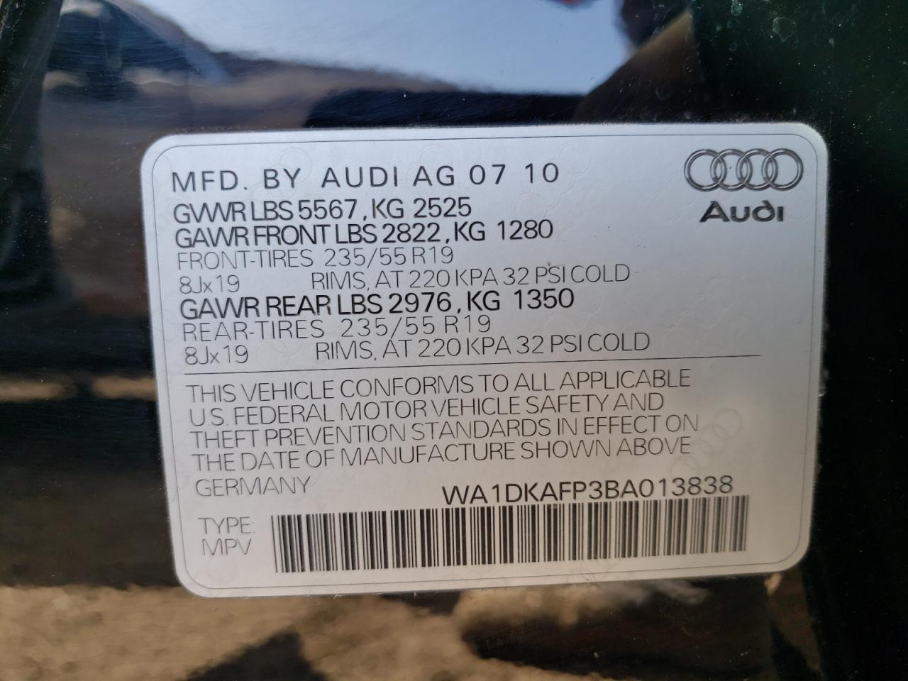 Photo 10 from auction – 2011 AUDI Q5 PREMIUM with VIN WA1DKAFP3BA013838