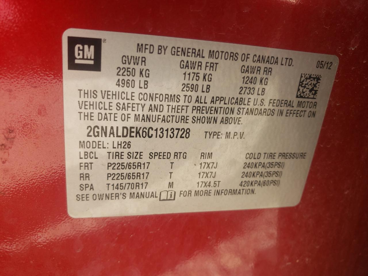 Photo 10 from auction – 2012 CHEVROLET EQUINOX LT with VIN 2GNALDEK6C1313728