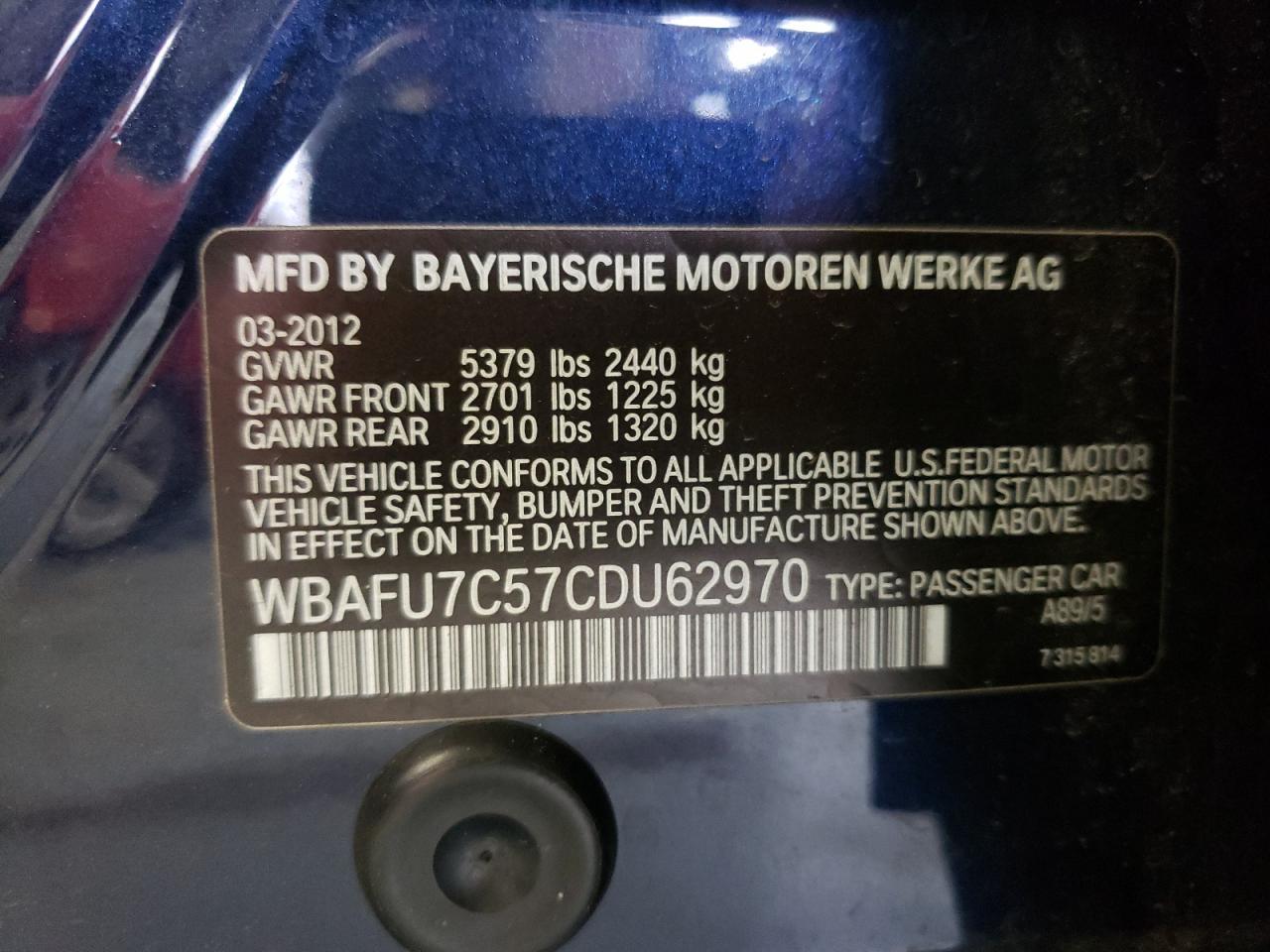 Photo 10 from auction – 2012 BMW 535 XI with VIN WBAFU7C57CDU62970