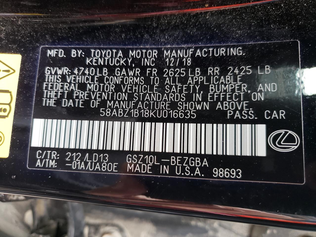 Photo 10 from auction – 2019 LEXUS ES 350 with VIN 58ABZ1B18KU016635