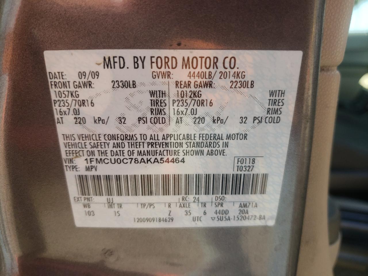 Photo 10 from auction – 2010 FORD ESCAPE XLS with VIN 1FMCU0C78AKA54464