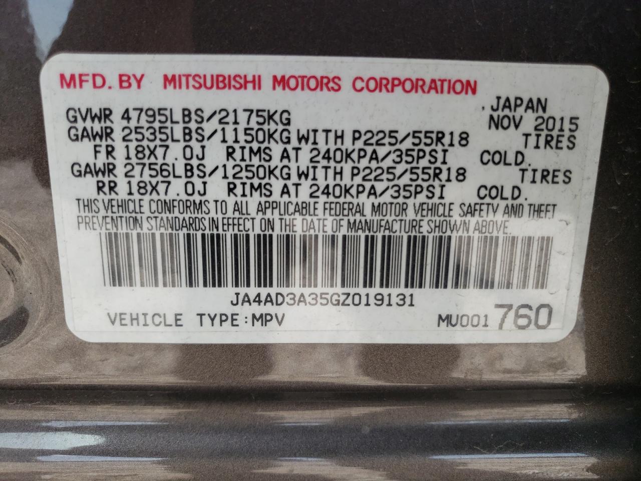 Foto 10 de la subasta – 2016 MITSUBISHI OUTLANDER con VIN JA4AD3A35GZ019131