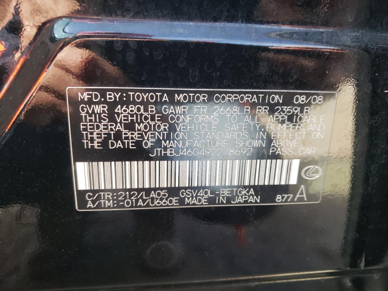 Photo 20 from auction – 2009 LEXUS ES 350 with VIN JTHBJ46G492278692
