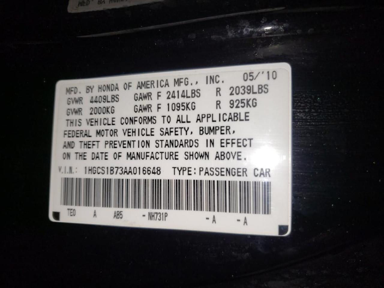 Photo 10 from auction – 2010 HONDA ACCORD EX with VIN 1HGCS1B73AA016648