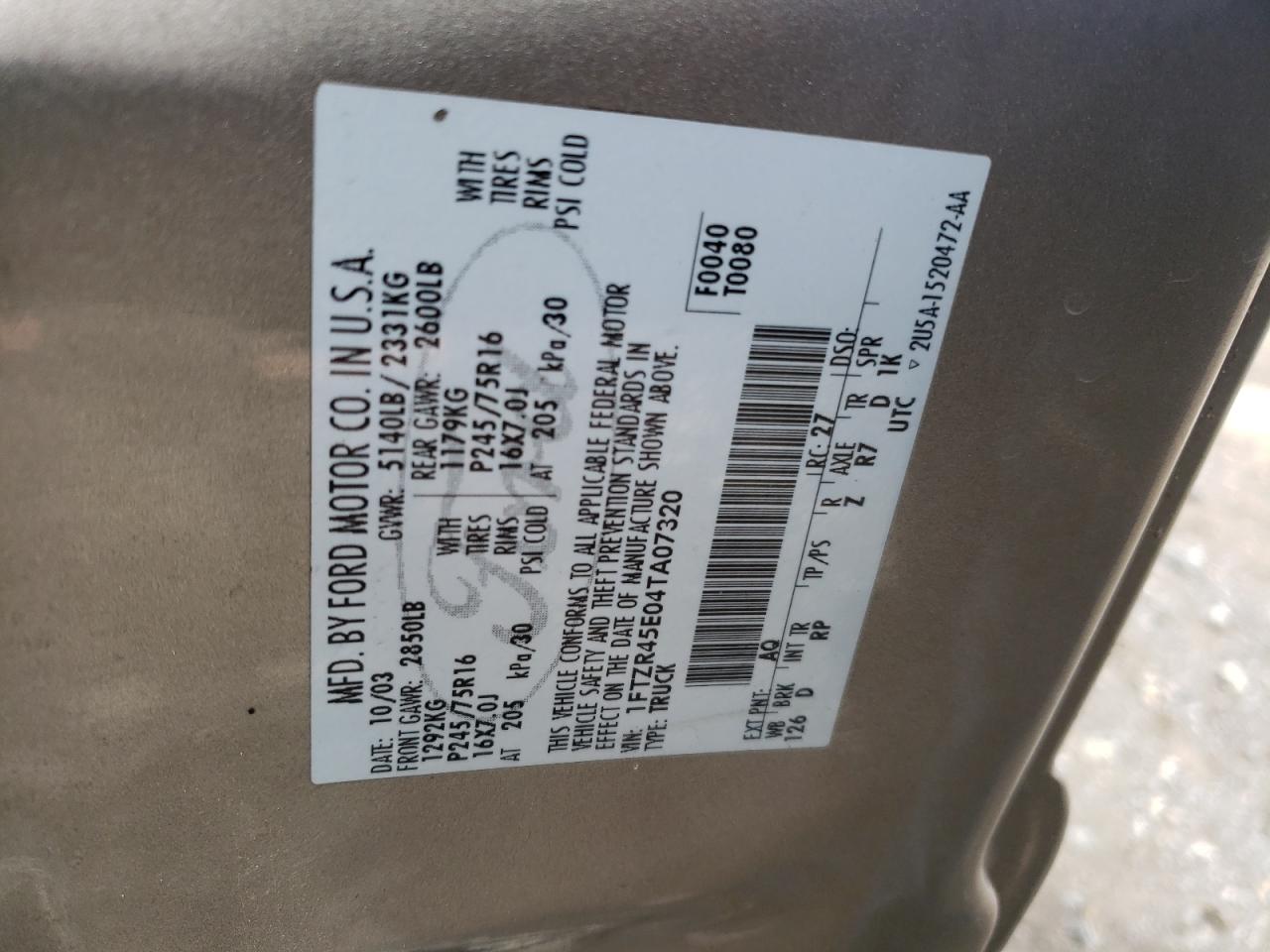Photo 10 from auction – 2004 FORD RANGER SUP with VIN 1FTZR45E04TA07320