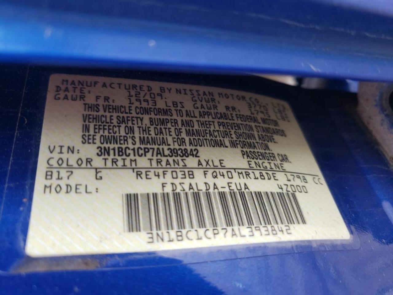 Photo 10 from auction – 2010 NISSAN VERSA S with VIN 3N1BC1CP7AL393842