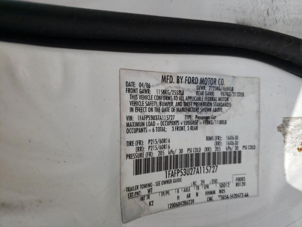 Photo 10 from auction – 2007 FORD TAURUS SE with VIN 1FAFP53U27A115727