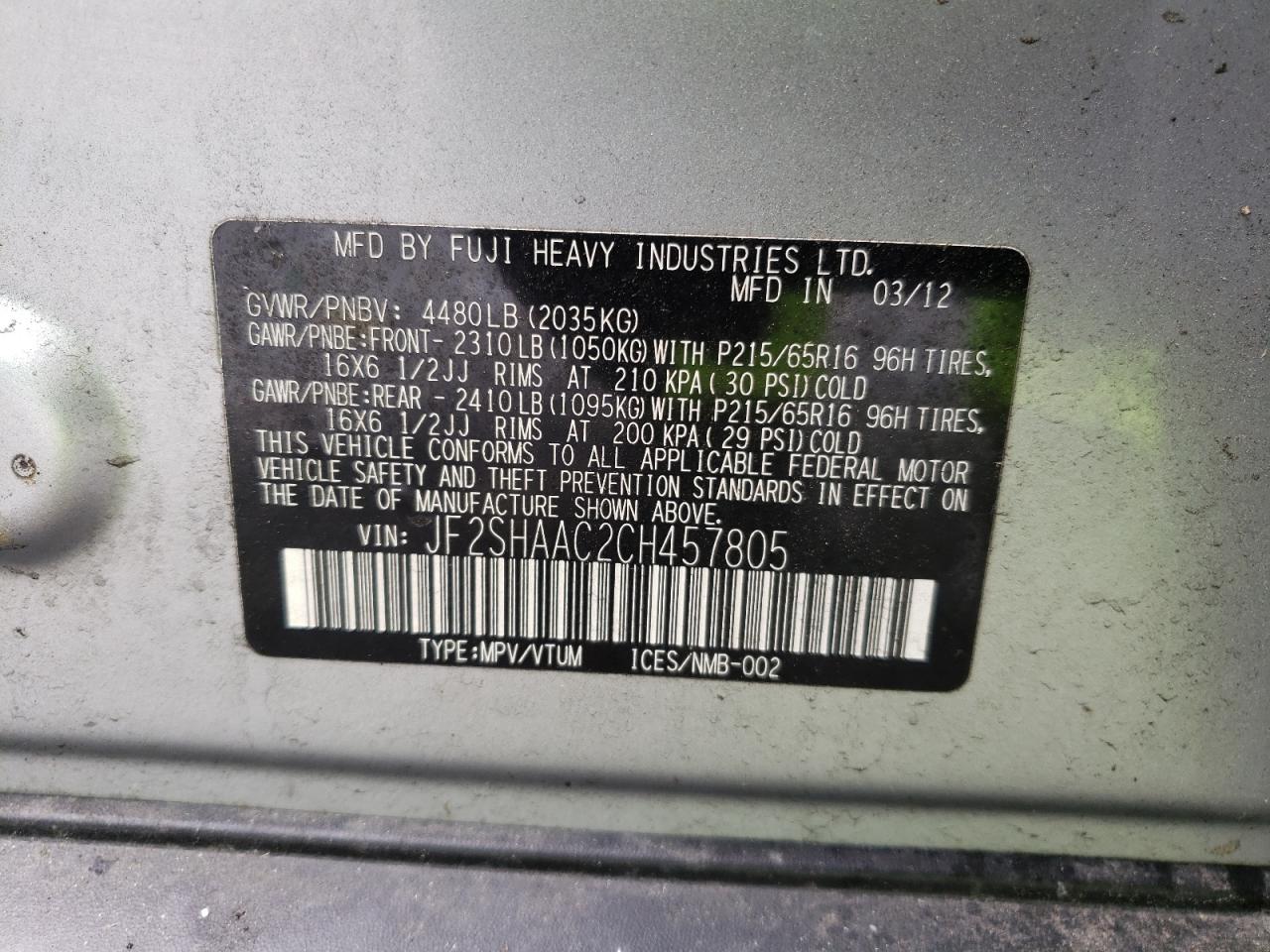 Photo 10 from auction – 2012 SUBARU FORESTER 2 with VIN JF2SHAAC2CH457805