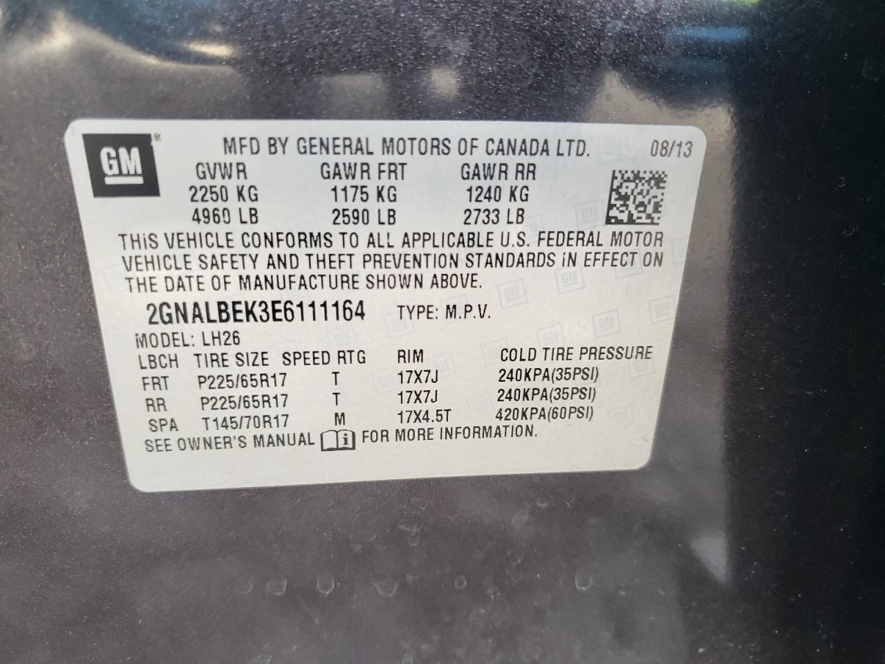 Photo 10 from auction – 2014 CHEVROLET EQUINOX LT with VIN 2GNALBEK3E6111164
