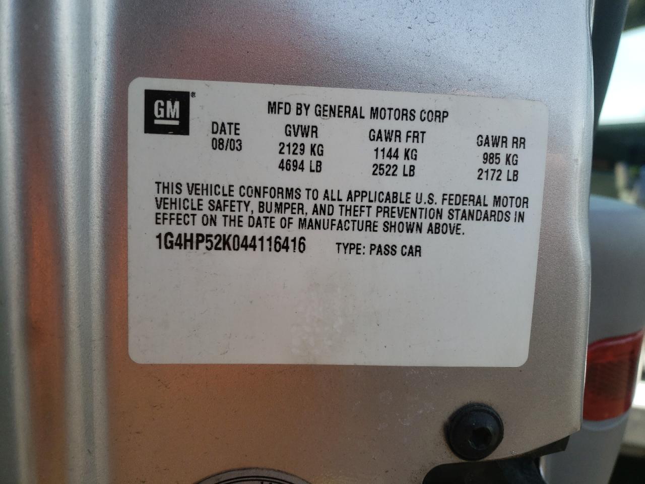 Photo 10 from auction – 2004 BUICK LESABRE CU with VIN 1G4HP52K044116416