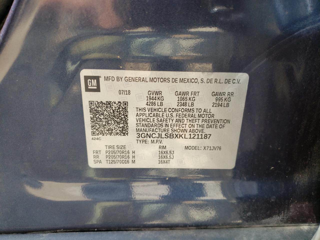 Photo 10 from auction – 2019 CHEVROLET TRAX 1LT with VIN 3GNCJLSBXKL121187