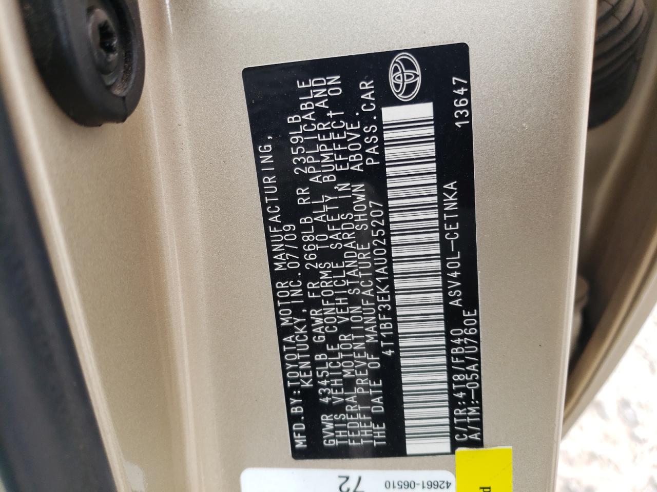Photo 10 from auction – 2010 TOYOTA CAMRY BASE with VIN 4T1BF3EK1AU025207