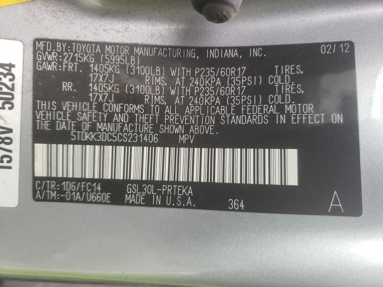 Photo 10 from auction – 2012 TOYOTA SIENNA LE with VIN 5TDKK3DC5CS231406