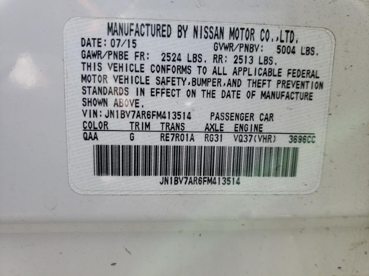 Photo 10 from auction – 2015 INFINITI Q50 BASE with VIN JN1BV7AR6FM413514