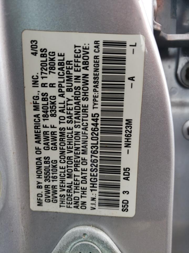Photo 10 from auction – 2003 HONDA CIVIC EX with VIN 1HGES26763L026445