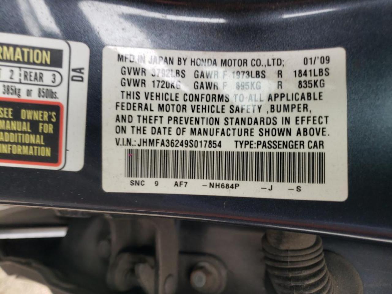 Photo 10 from auction – 2009 HONDA CIVIC HYBR with VIN JHMFA36249S017854