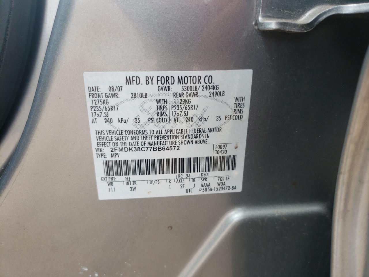 Photo 10 from auction – 2007 FORD EDGE SEL with VIN 2FMDK38C77BB64572