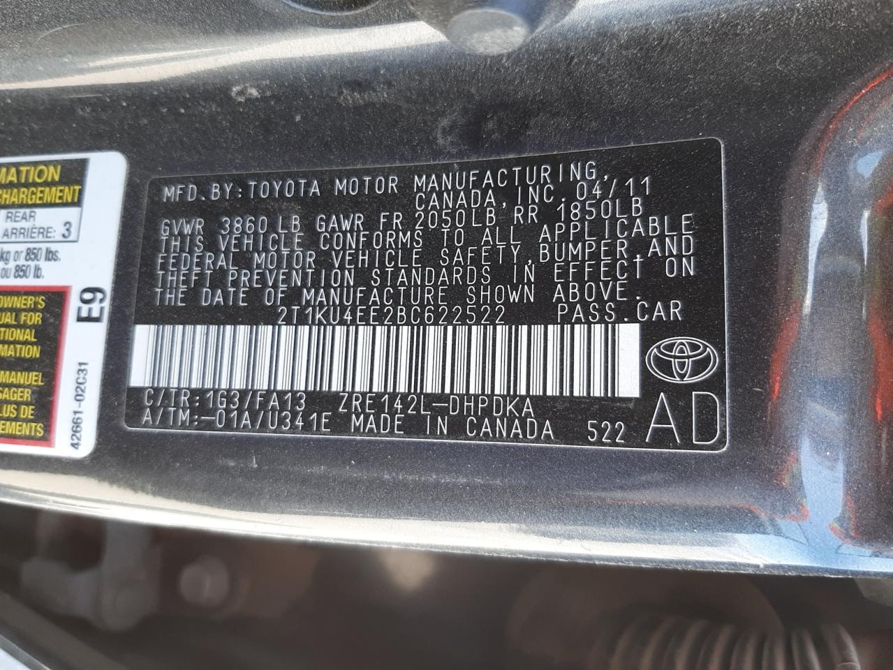 Photo 10 from auction – 2011 TOYOTA COROLLA MA with VIN 2T1KU4EE2BC622522