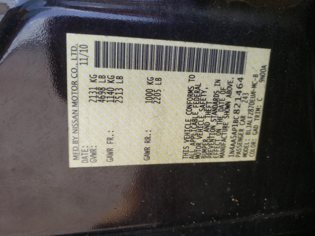 Photo 10 from auction – 2011 NISSAN MAXIMA S with VIN 1N4AA5AP1BC821464