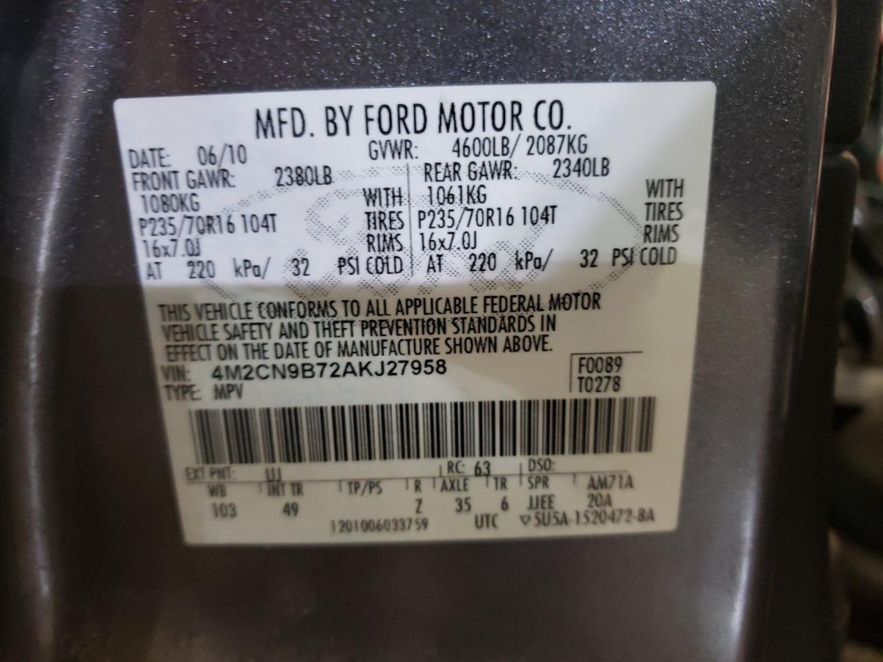 Photo 10 from auction – 2010 MERCURY MARINER with VIN 4M2CN9B72AKJ27958