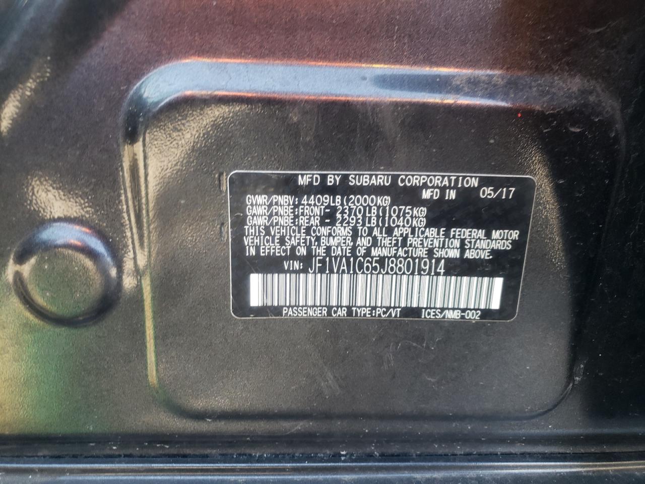 Photo 10 from auction – 2018 SUBARU WRX PREMIU with VIN JF1VA1C65J8801914