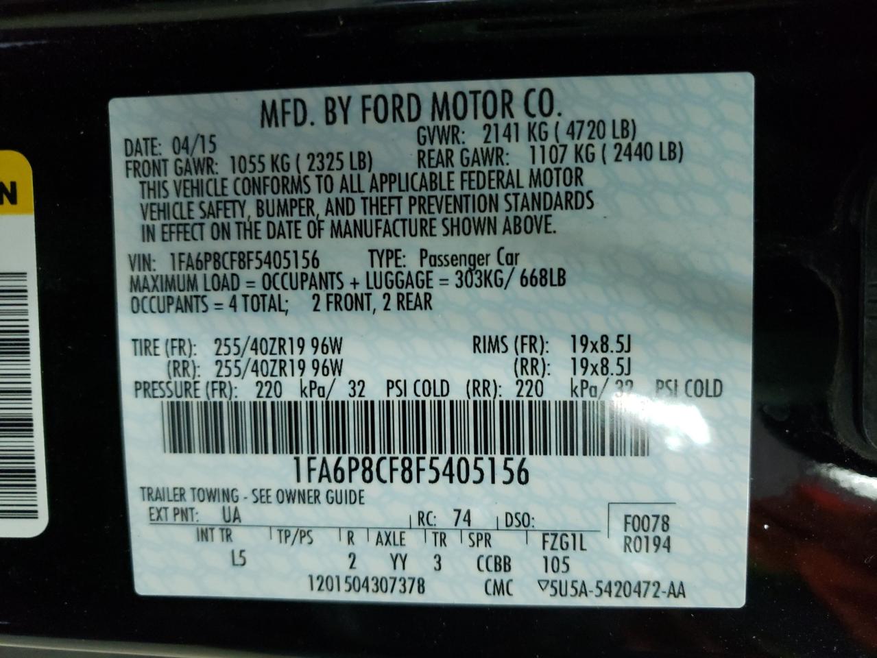 Photo 10 from auction – 2015 FORD MUSTANG GT with VIN 1FA6P8CF8F5405156