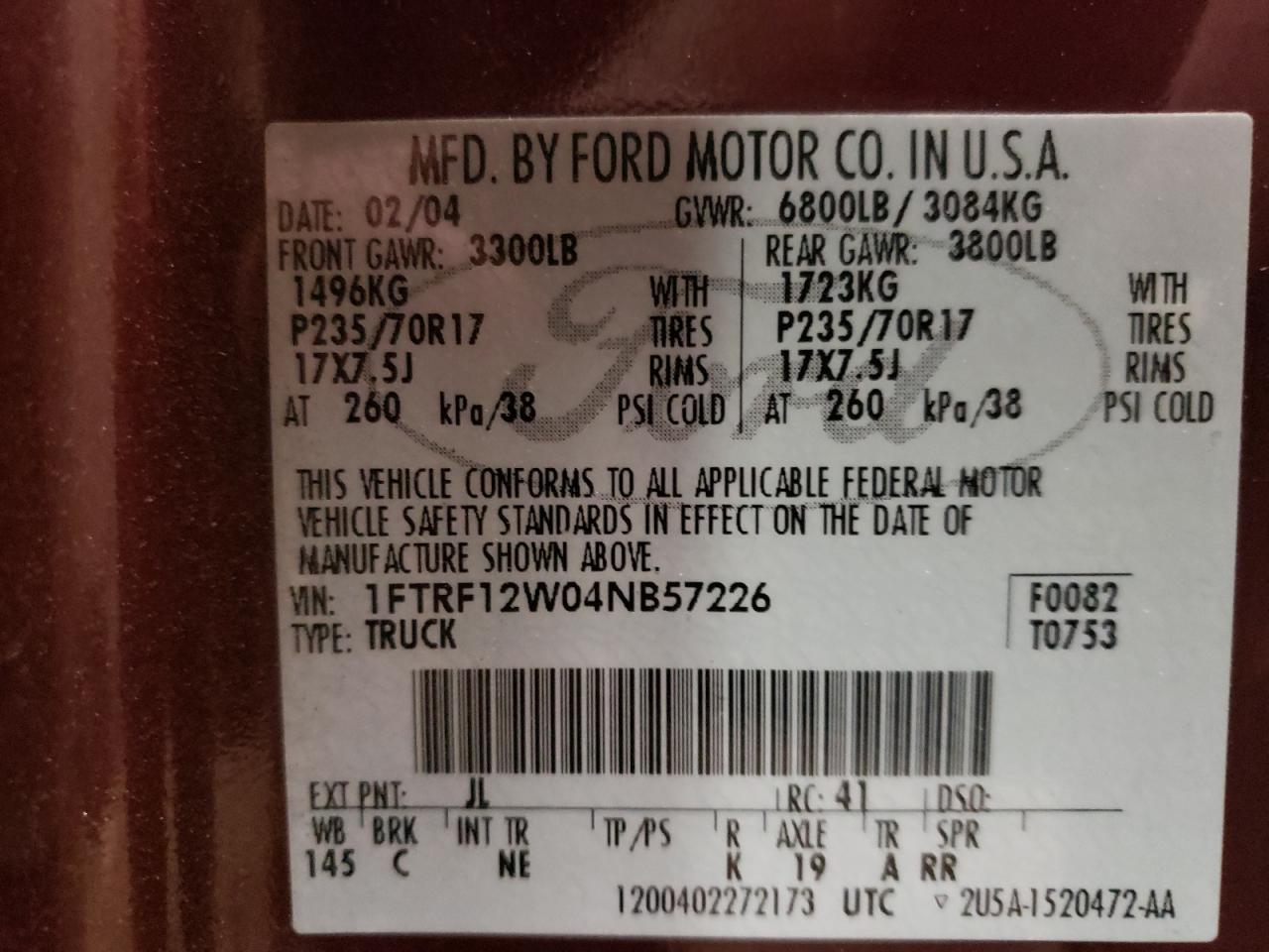 Photo 10 from auction – 2004 FORD F150 with VIN 1FTRF12W04NB57226