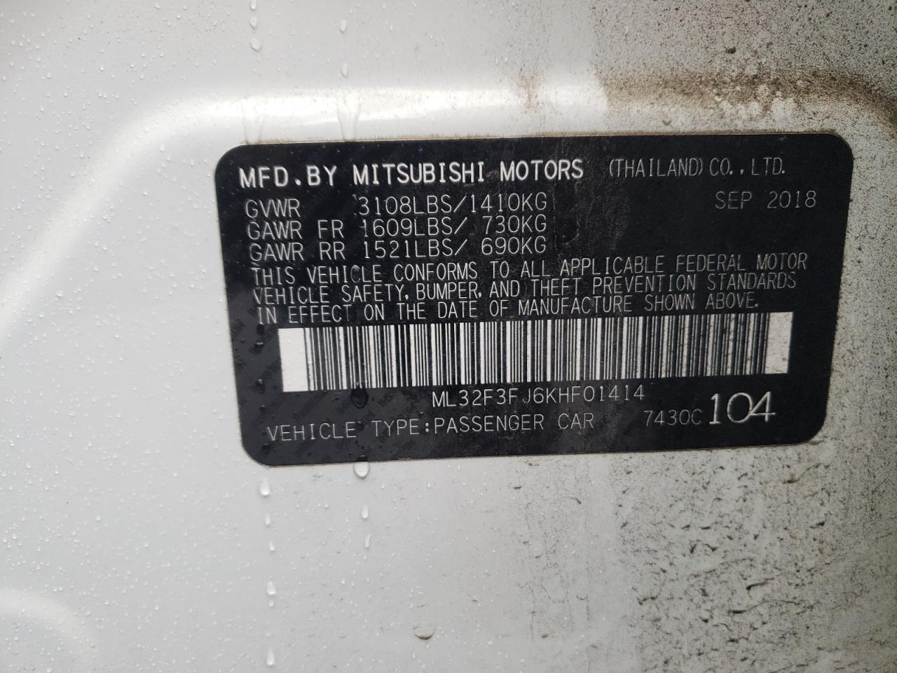 Photo 10 from auction – 2019 MITSUBISHI MIRAGE G4 with VIN ML32F3FJ6KHF01414