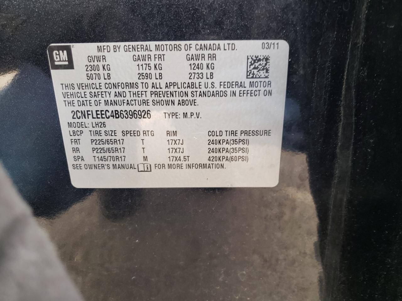 Photo 10 from auction – 2011 CHEVROLET EQUINOX LT with VIN 2CNFLEEC4B6396926