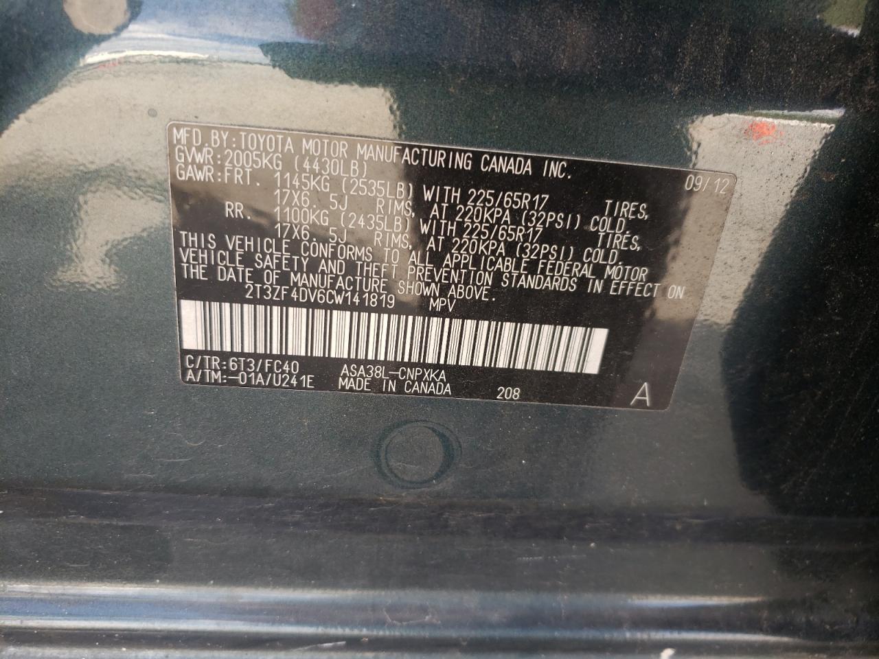 Photo 10 from auction – 2012 TOYOTA RAV4 with VIN 2T3ZF4DV6CW141819