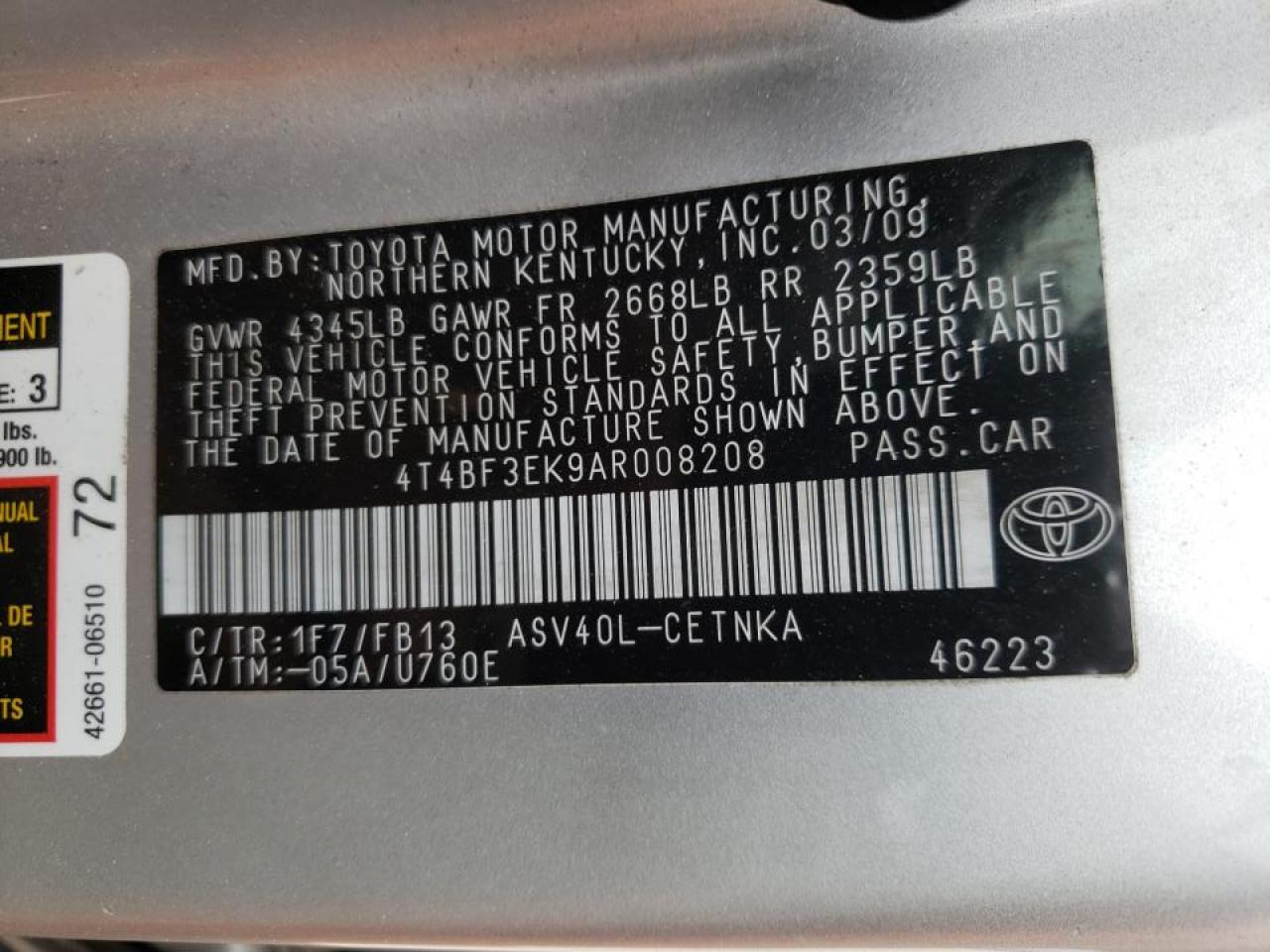 Photo 10 from auction – 2010 TOYOTA CAMRY BASE with VIN 4T4BF3EK9AR008208