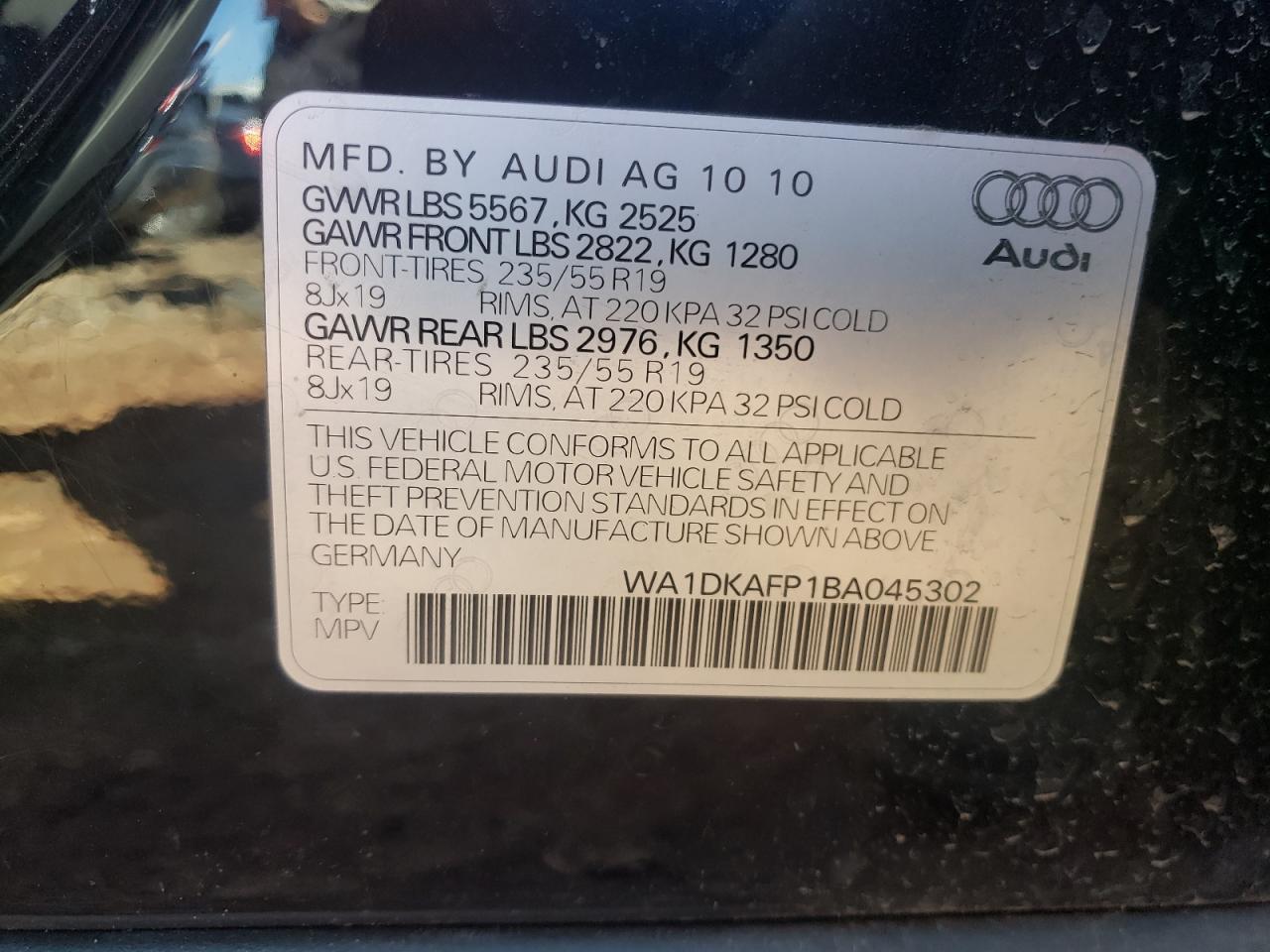 Photo 10 from auction – 2011 AUDI Q5 PREMIUM with VIN WA1DKAFP1BA045302