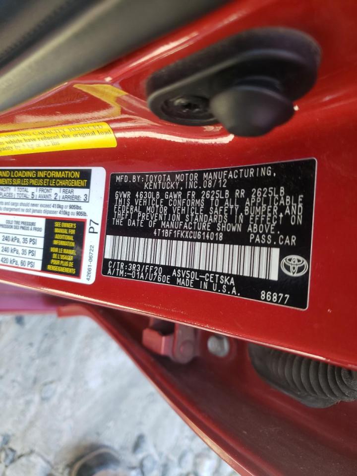 Zdjęcie 10 z aukcji – 2012 TOYOTA CAMRY BASE z VIN 4T1BF1FKXCU614018