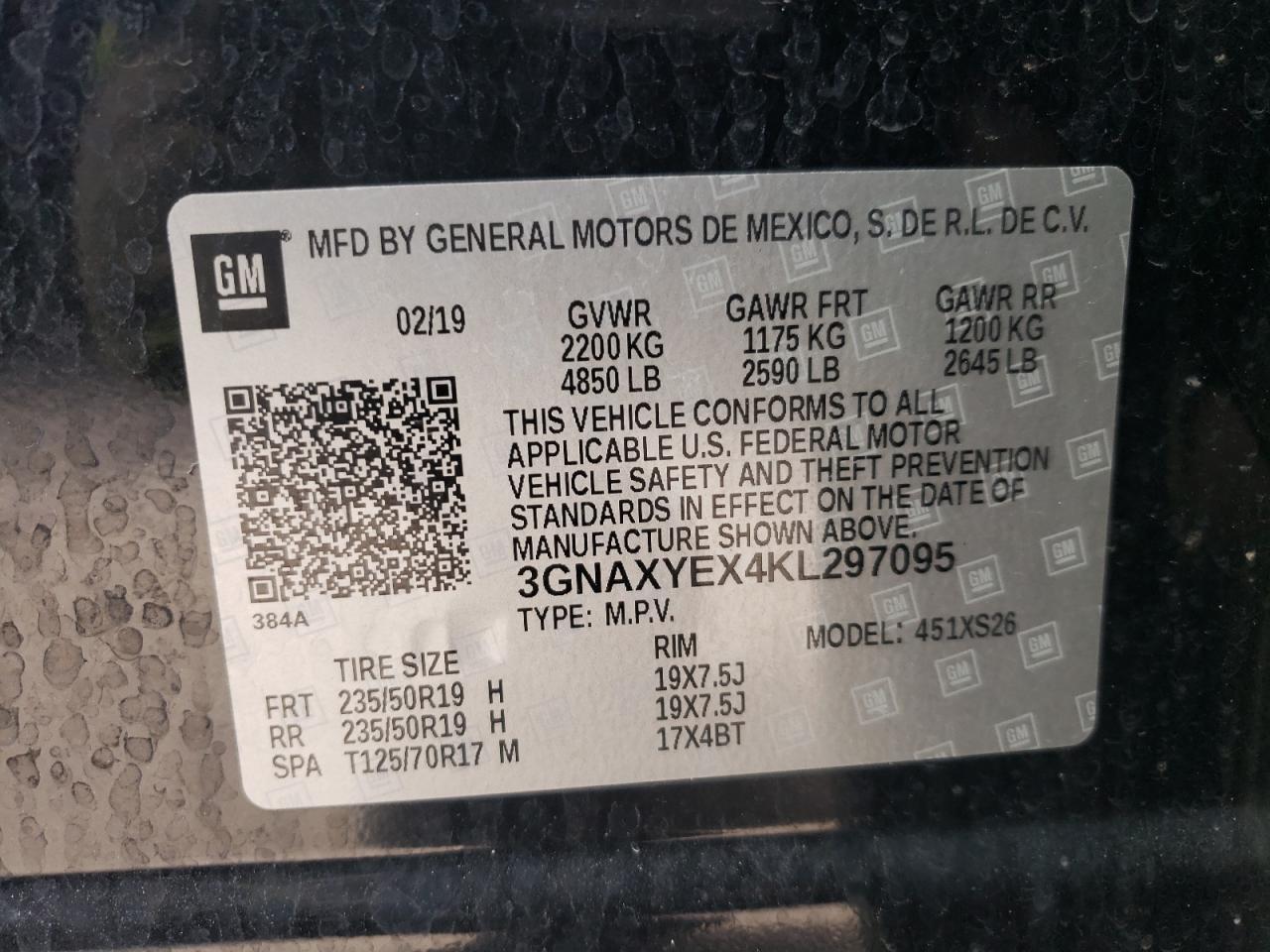 Photo 10 from auction – 2019 CHEVROLET EQUINOX PR with VIN 3GNAXYEX4KL297095