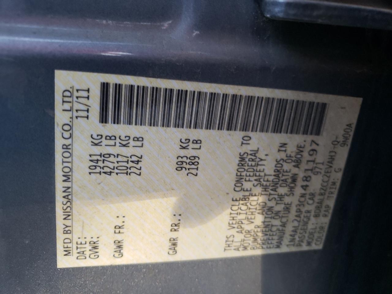 Photo 10 from auction – 2012 NISSAN ALTIMA BAS with VIN 1N4AL2AP3CN481197
