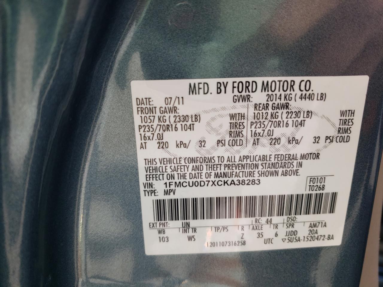 Photo 10 from auction – 2012 FORD ESCAPE XLT with VIN 1FMCU0D7XCKA38283
