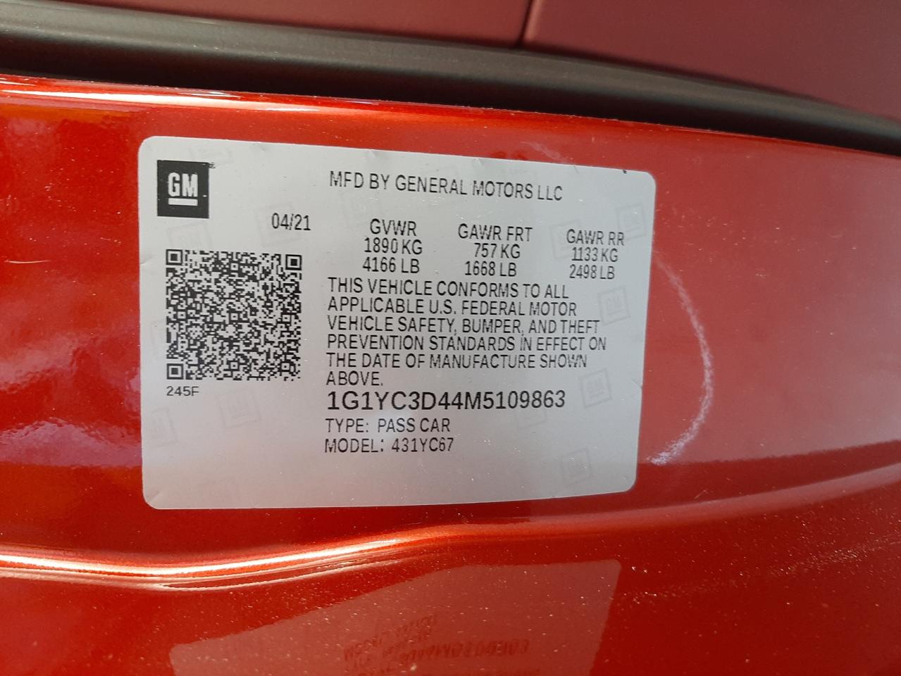 Photo 10 from auction – 2021 CHEVROLET CORVETTE S with VIN 1G1YC3D44M5109863