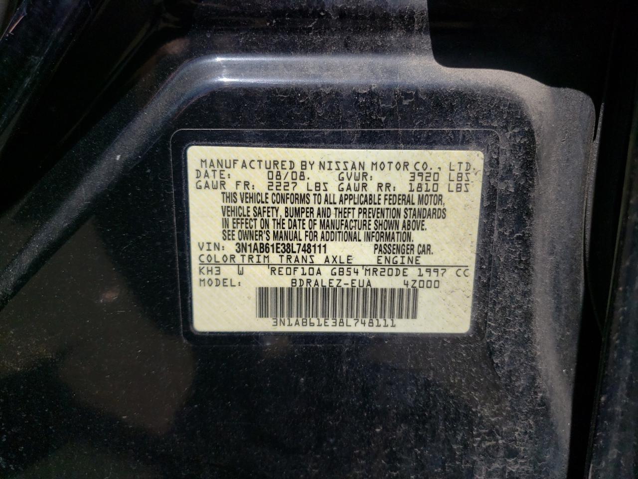 Photo 10 from auction – 2008 NISSAN SENTRA 2.0 with VIN 3N1AB61E38L748111