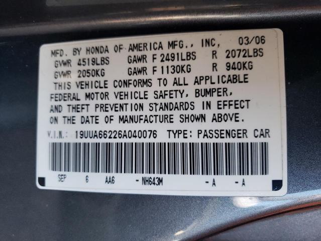 Photo 10 from auction – 2006 ACURA 3.2TL with VIN 19UUA66226A040076