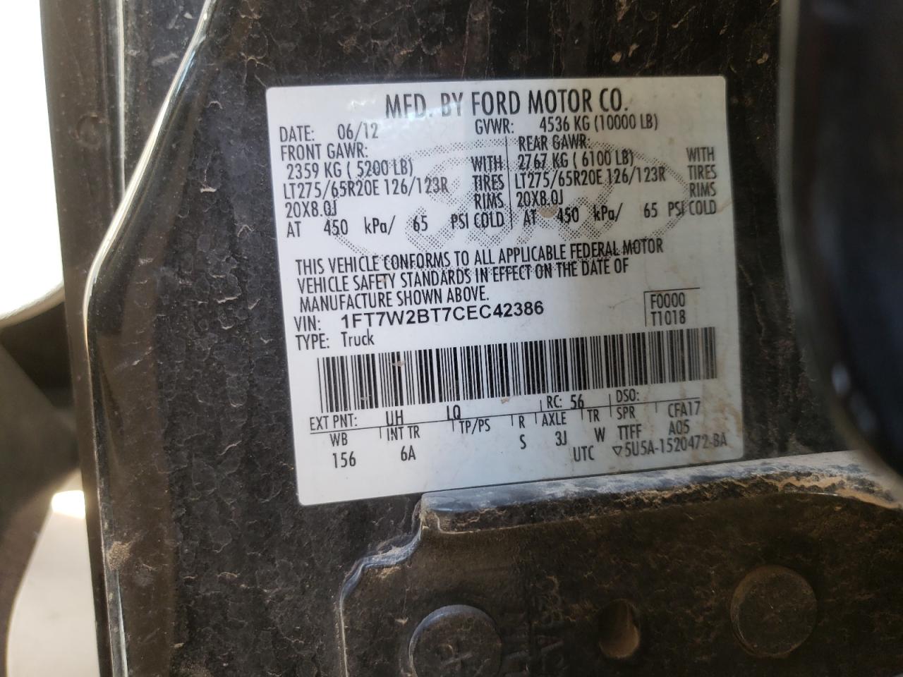 Photo 10 from auction – 2012 FORD F250 SUPER with VIN 1FT7W2BT7CEC42386